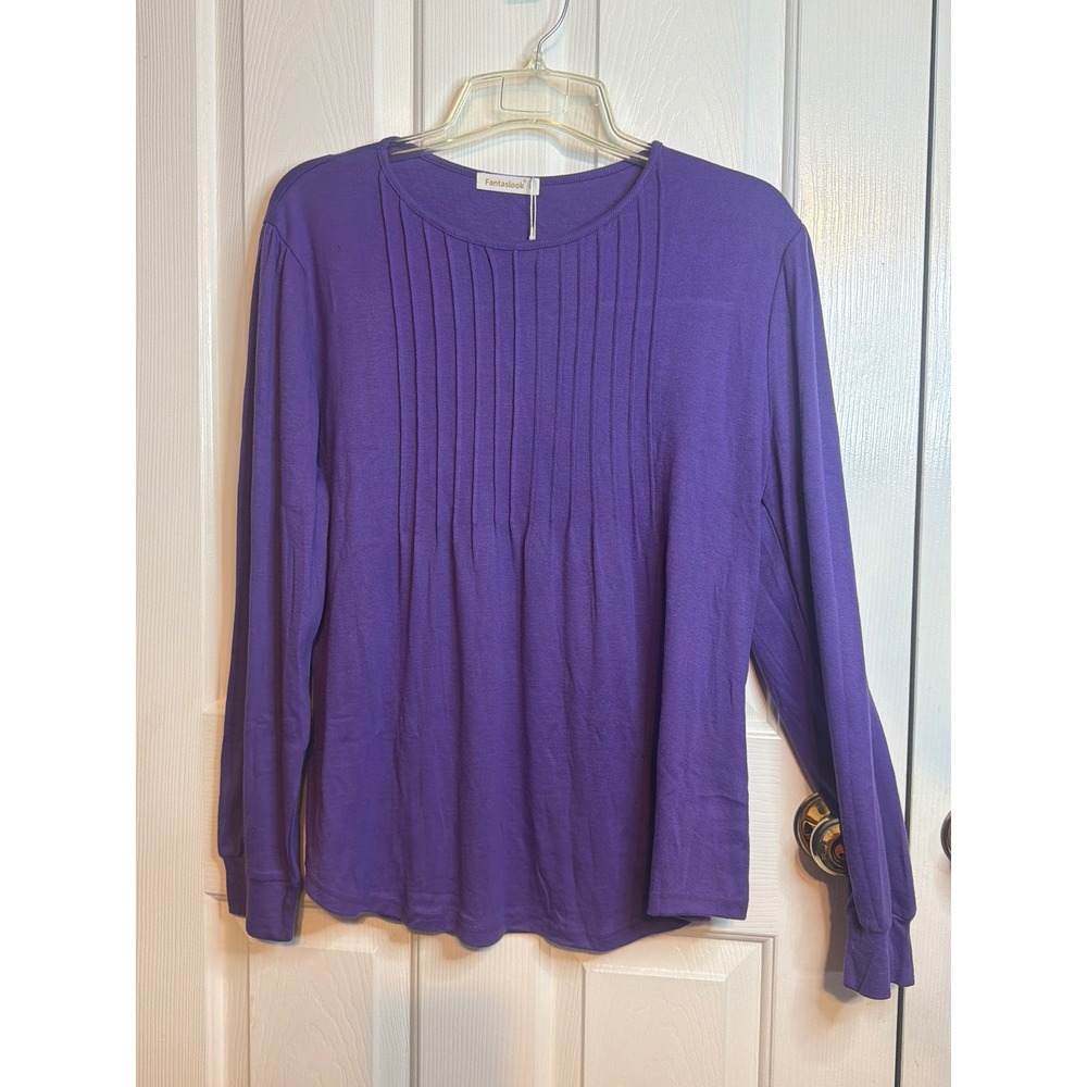Fantaslook Womens Purple Pleated Front Long Sleeve Knit Top XL New Tag